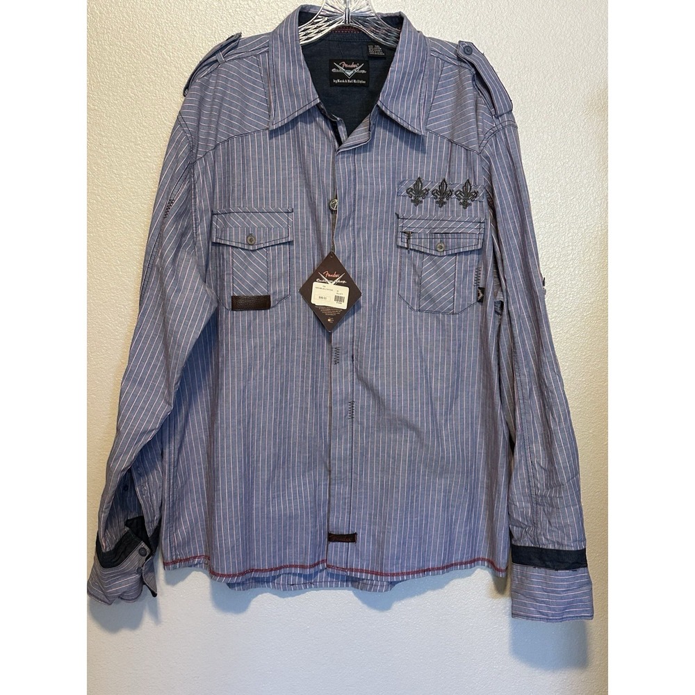 NWT Fender Rock & Roll Religion Blue Stripe Shirt 3XL Western Embroidered Cowboy